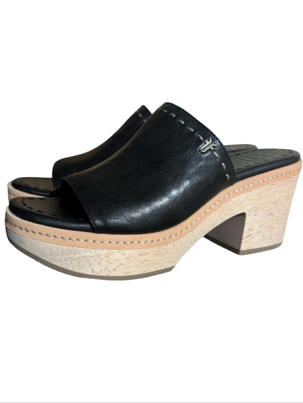 Frye Hazel 2 Platform Slides sz 8 in Black Leather & Natural Wood